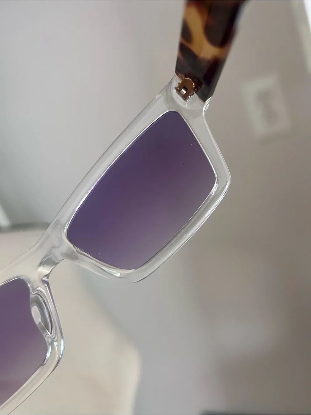 Clear Frame Tortoise Arm Purple Lens Rectangular Sunglasses Y2K